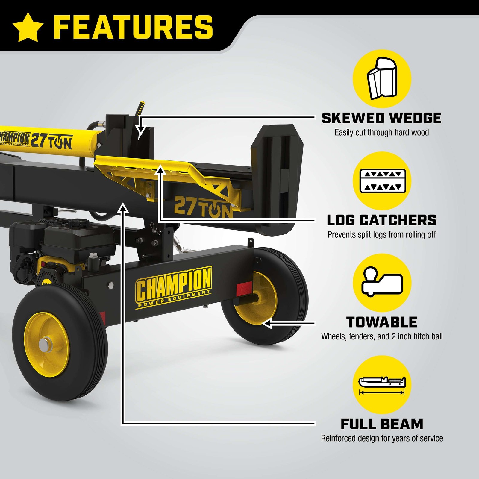 Champion 201312 27-Ton Log Splitter Horizontal/Vertical Full Beam Gas with Auto Return New